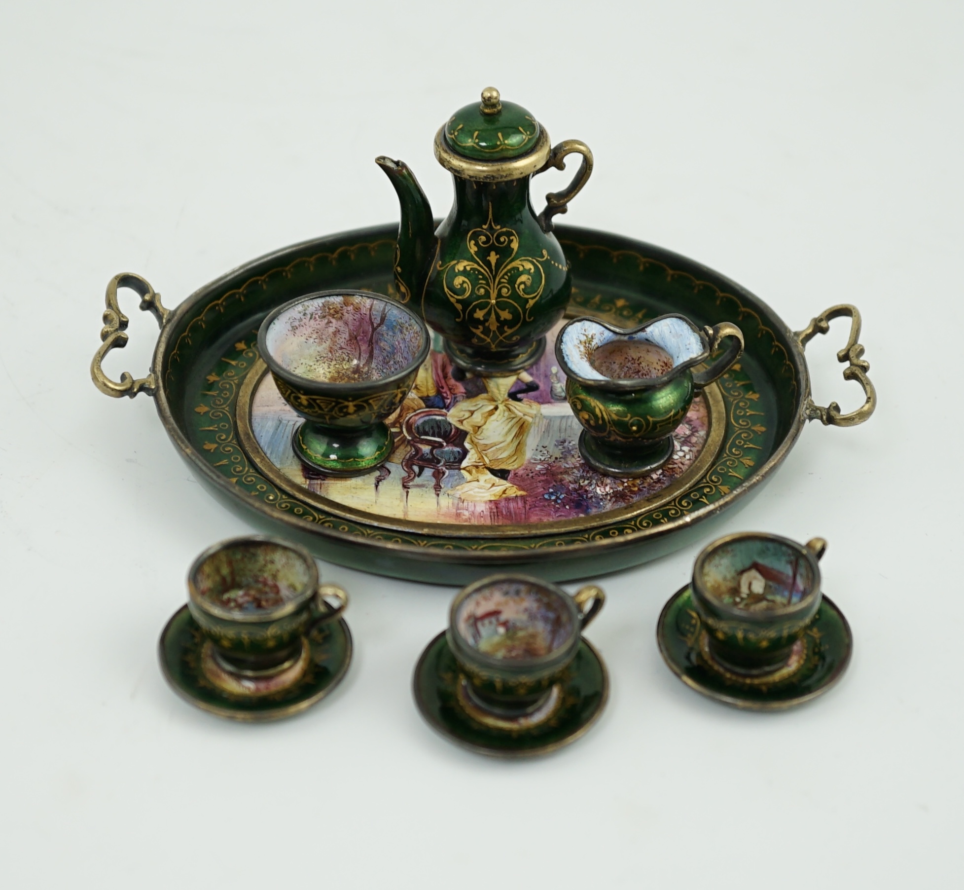 A cased late 19th century Viennese silver and polychrome enamelled miniature thirteen piece tea service, by Ludwig Politzer